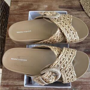 Marc Fisher Welti Wedge Beige Woven Slide Sandals